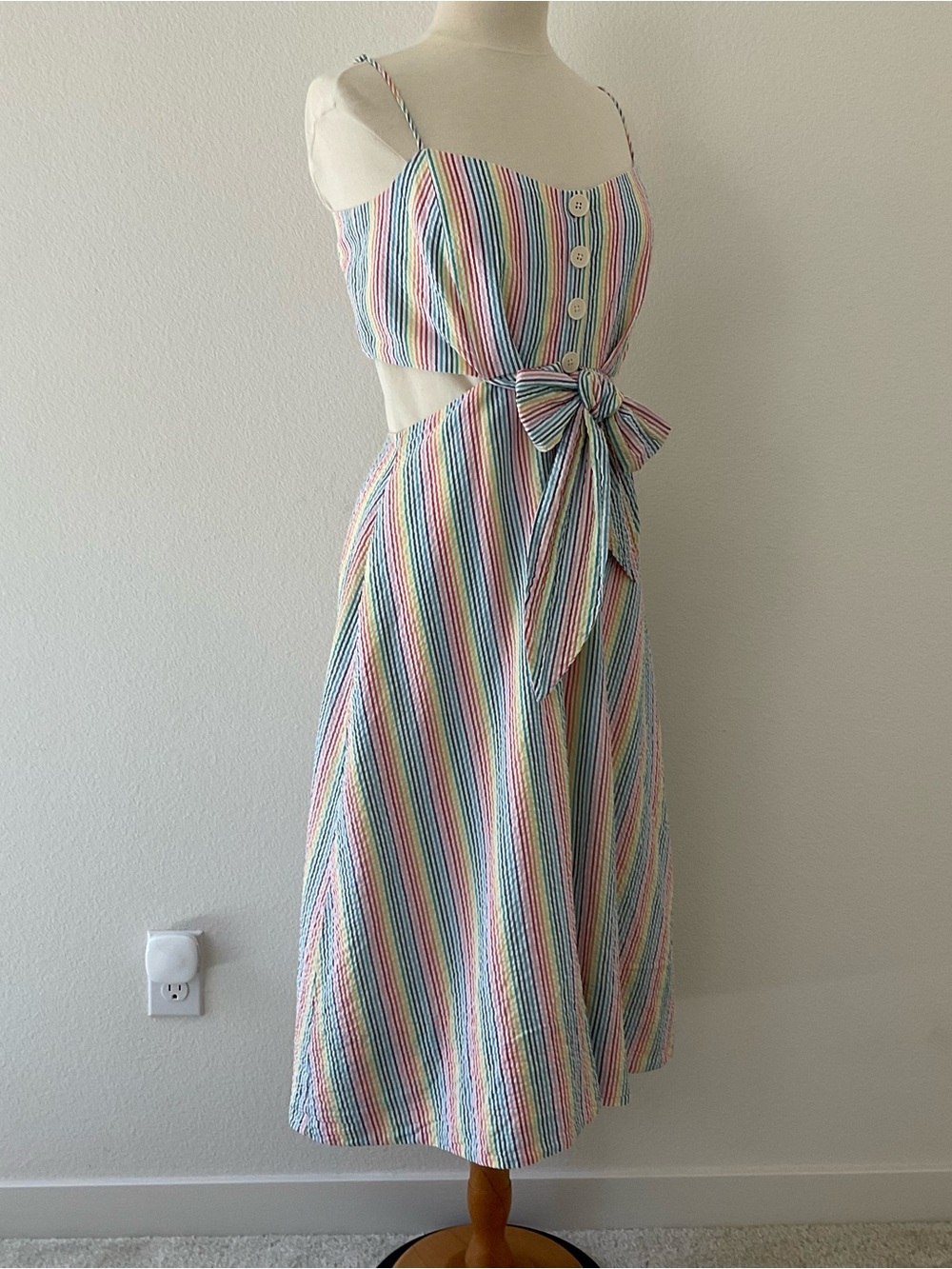 J. Crew Rainbow Seersucker Dress Cut-Out Tie Front Stripe Midi Dress 10 - Picture 3 of 16